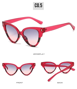 Vue triple de lunettes de soleil œil de chat avec monture rose et verres dégradés violets