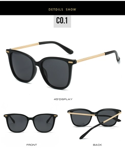 Close-up of black square sunglasses with gold braided texture metal temples and side view