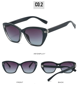 Multi-angle views of black cat-eye sunglasses with gradient purple to blue lenses
