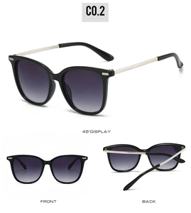 Detailed views showing woven texture on temples and gradient lenses of black sunglasses