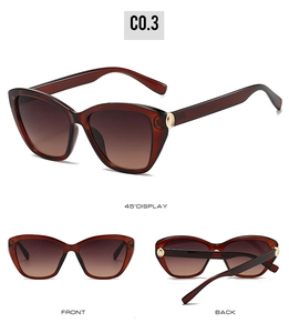 Three-way view of cat-eye sunglasses with tortoise frames and gradient brown lenses