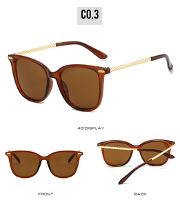 Three-way view of amber sunglasses with gold woven texture temples and 45-degree angle