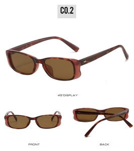 Drei Ansichten der Vintage-Schildpatt-Sonnenbrille mit schmalem Rahmen und braunen Gläsern