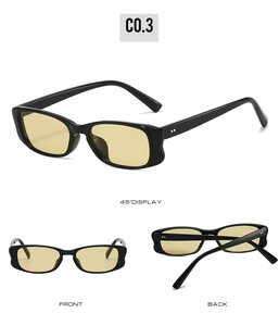 Schwarze rechteckige Sonnenbrille mit gelben Gläsern in Front-, Seiten- und Rückansicht