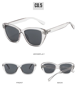 Three-view display of cat-eye sunglasses with transparent frames and dark lenses