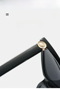 Detailed close-up of the elegant golden circular hinge on black cat-eye sunglasses