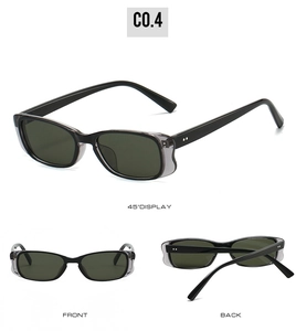 Drei Ansichten der kleinen schwarzen Sonnenbrille mit Seitenschutz und grünen Gläsern