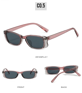 Drei-Ansichten-Display einer rechteckigen rosa Sonnenbrille mit breiten Bügeln
