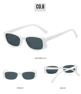 Detailansichten der weißen quadratischen Sonnenbrille mit grauen Gläsern aus verschiedenen Winkeln