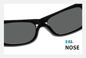Vue macro des plaquettes de nez intégrées sur monture de lunettes de soleil carrées noires