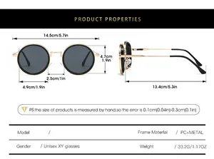 Detailed size chart for unisex round sunglasses showing frame width and lens dimensions