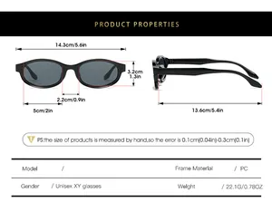Detailed size chart for street style oval sunglasses with frame dimensions in centimeters