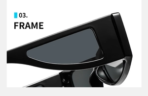 Détail de la monture de lunettes de soleil noires avec branches évidées uniques