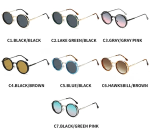 Detailed grid showing seven color variations of retro round frame fashion sunglasses