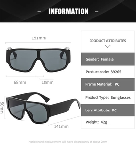 Detailed dimension guide for oversized Y2K sunglasses with PC frame and lens specs