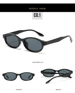 Three-view display of black oval retro sunglasses with dark polarized lenses in street style
