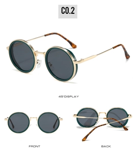 Three angles of retro round gold metal sunglasses with dark green rims and tortoise tips