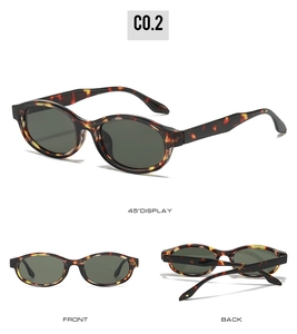Multi-angle view of tortoiseshell oval sunglasses with deep green lenses and C0.2 model info
