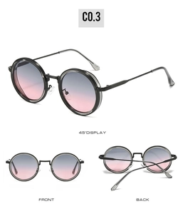 Detailed views of round retro sunglasses featuring stylish blue-pink gradient lenses