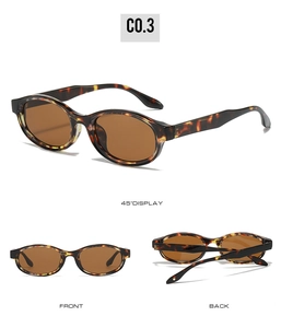 Three perspective views of tortoiseshell oval sunglasses with dark brown lenses