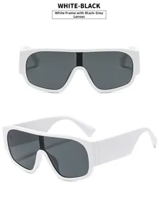 Detail view of bold white frame sunglasses with black lenses from multiple angles