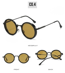 Detailed views of round metal sunglasses with yellow lenses and adjustable nose pads
