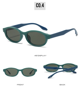 Three-way view of retro oval sunglasses showing 45-degree angle, front and folding legs