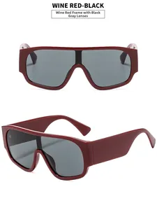 Front and side view of wine red oversized sunglasses with grey lenses on white background