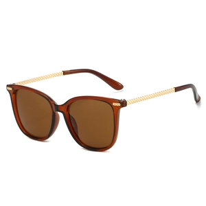 Retro square sunglasses with brown frames and textured gold metal temples for men and women