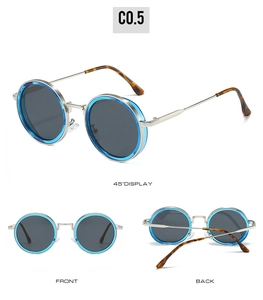 Three-angle view of round blue sunglasses with silver metal bridge and tortoise temple tips