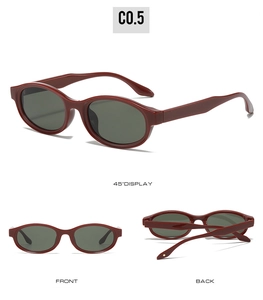 Three-view display of burgundy oval sunglasses with dark green lenses and C0.5 code