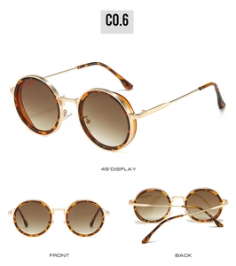 Three-view display of round tortoiseshell sunglasses with gold metal temples and brown lenses