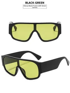 Flat top shield sunglasses featuring glossy black frames and neon green tinted lenses