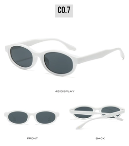 Detailed views of white oval sunglasses with dark lenses from front, back, and 45-degree angle