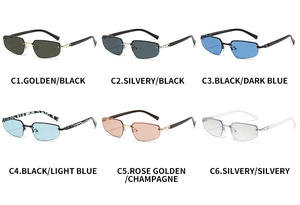 Grid view of narrow rectangular rimless sunglasses in six assorted frame and lens colors