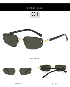 Detail view of rimless geometric sunglasses with dark green lenses and metal temples