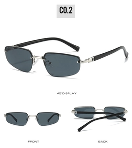 Three-angle views of retro rimless sunglasses with dark gray lenses and silver metal parts