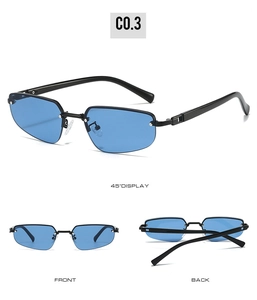 Three-view display of black rectangular semi-rimless sunglasses with blue lenses