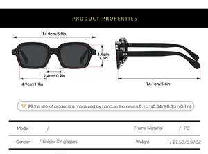 Size chart showing precise dimensions and PC frame specs for square unisex sunglasses