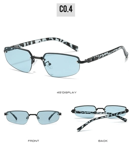 Detailed views of rimless sunglasses with light blue lenses and leopard print temples