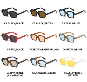Matrix display of square sunglasses in nine diverse color frames and lens combinations