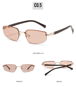 Three-angle view of rimless sunglasses with orange lenses and metal bridge