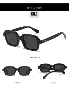 Detail view showing front, 45-degree angle and folded black square frame sunglasses