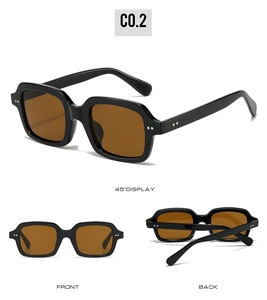 Multiple views of square sunglasses featuring black frames and silver rivet details