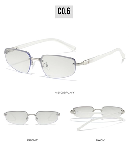 Three perspectives of frameless sunglasses with silver metal bridge and white temples