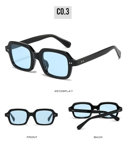 Three views of square sunglasses with light blue lenses and silver rivet details