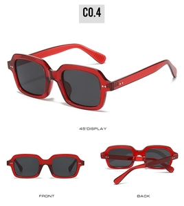 Three-view display of red transparent square sunglasses with rivets and dark lenses