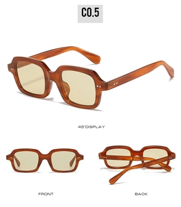 Detail view of amber square sunglasses with yellow lenses showing front and side angles