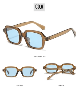 Three perspectives of square sunglasses with brown frames and light blue lenses