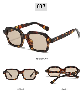 Three-view layout of retro square tortoiseshell sunglasses with brown lenses and metal pins